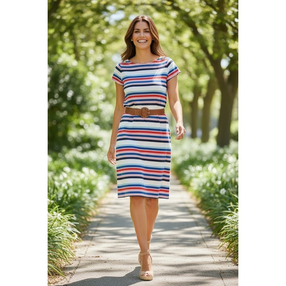 Tommy Hilfiger 100% Cotton Striped Boat Neck Dress Red White Blue Nautical M